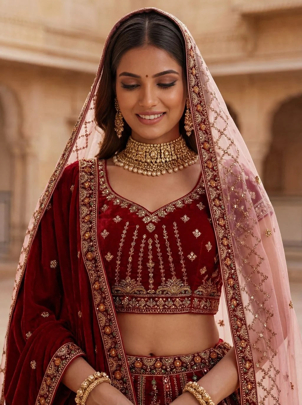 Red Pure Soft Velvet Heavy Embroidery Patch Work Bridal Lehenga
