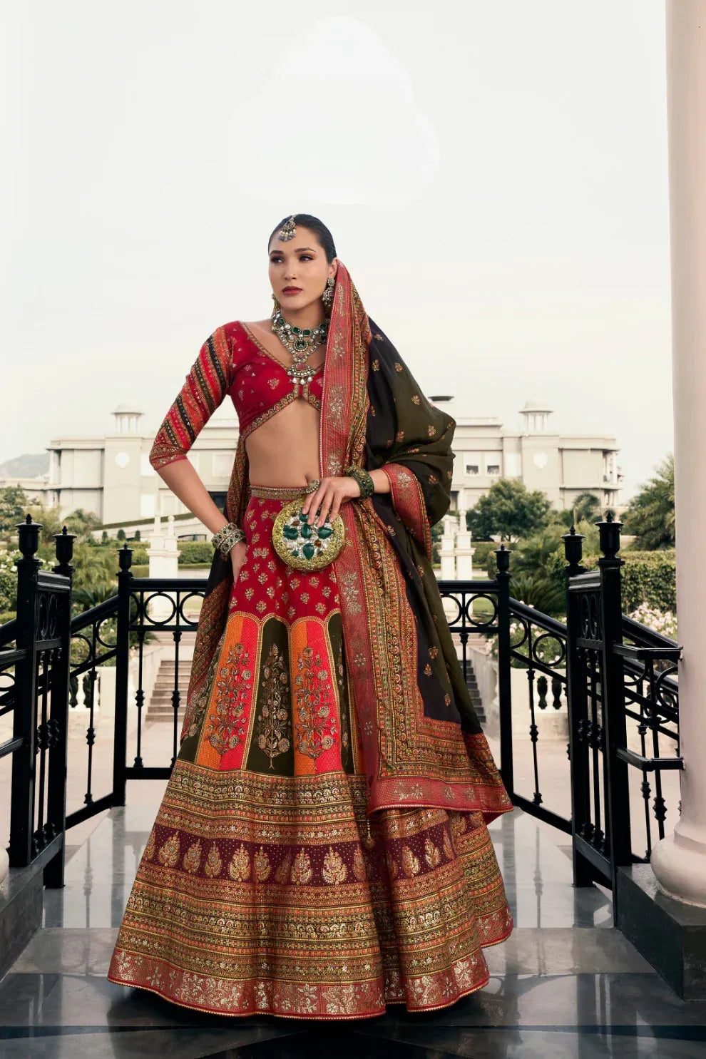 Red & Antique Gold Traditional Banarasi Silk Lehenga