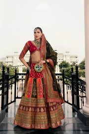 Red & Antique Gold Traditional Banarasi Silk Lehenga