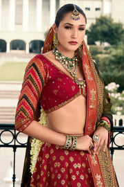 Red & Antique Gold Traditional Banarasi Silk Lehenga