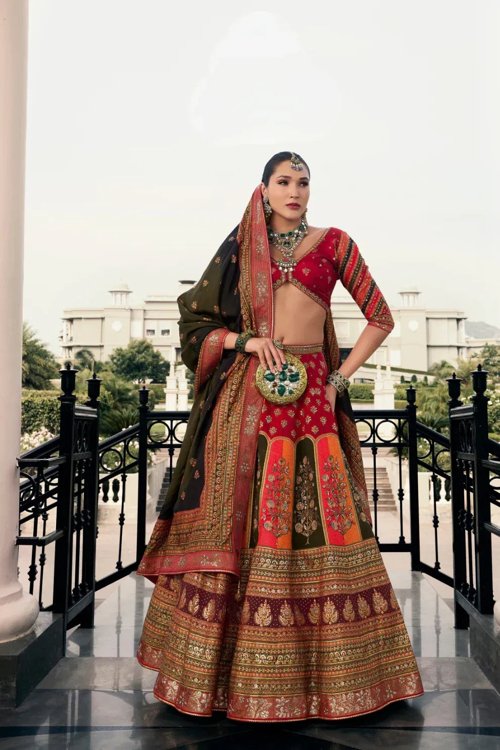 Red & Antique Gold Traditional Banarasi Silk Lehenga