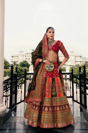 Red & Antique Gold Traditional Banarasi Silk Lehenga