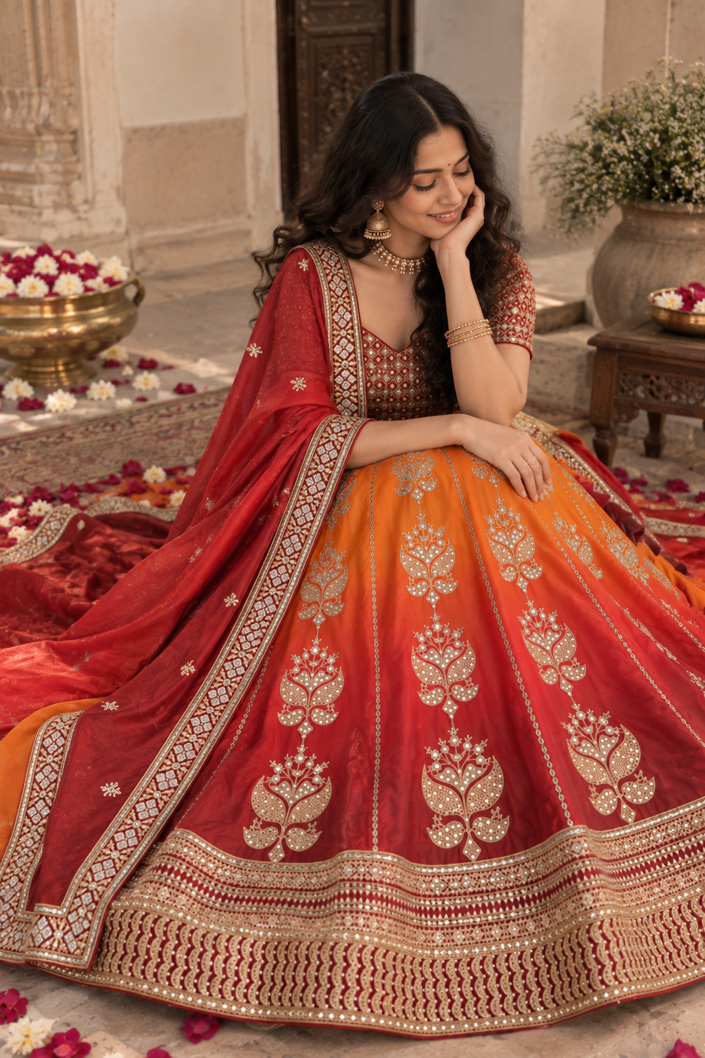 Red & Mustard Chinon Silk Sequin Lehenga Choli