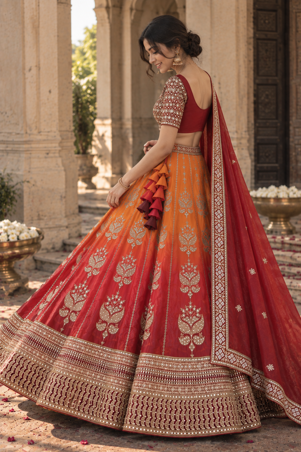 Red & Mustard Chinon Silk Sequin Lehenga Choli