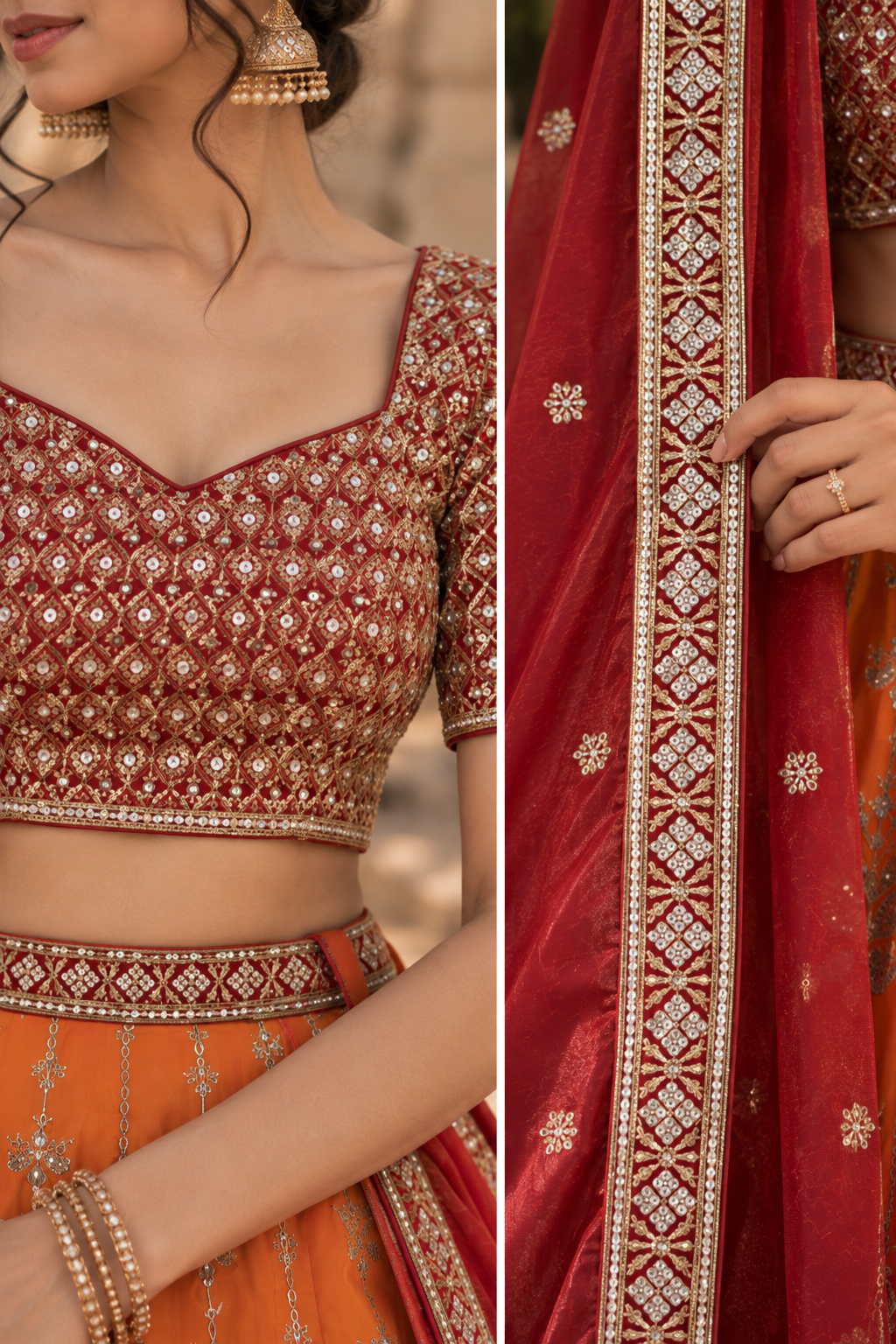 Red & Mustard Chinon Silk Sequin Lehenga Choli