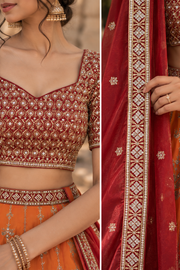 Red & Mustard Chinon Silk Sequin Lehenga Choli