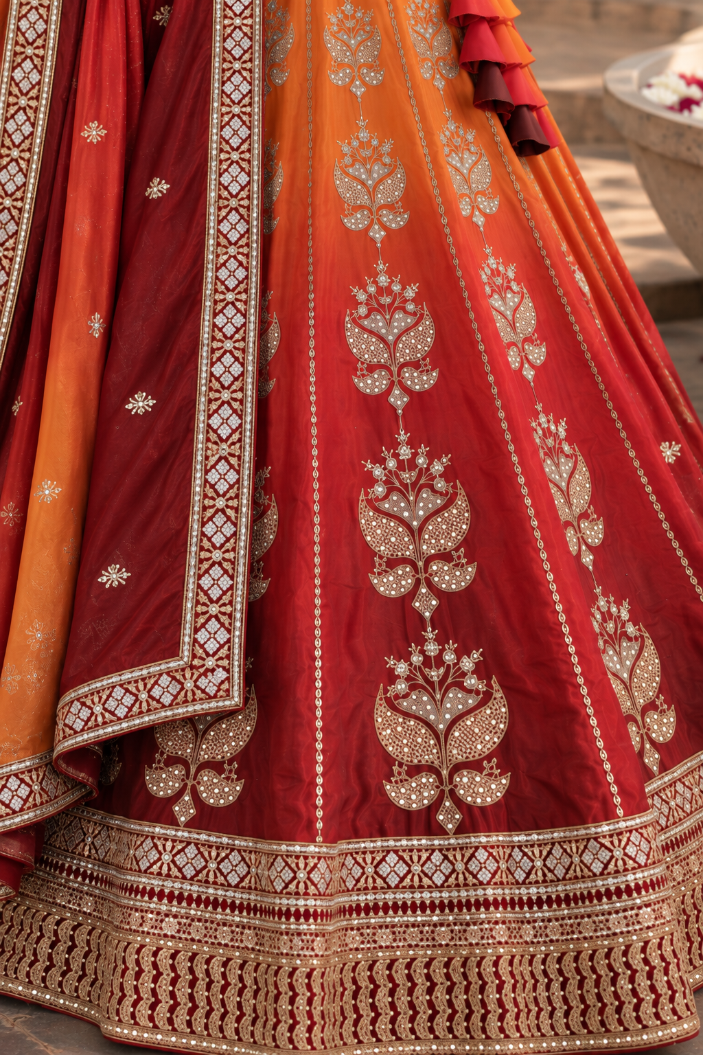 Red & Mustard Chinon Silk Sequin Lehenga Choli