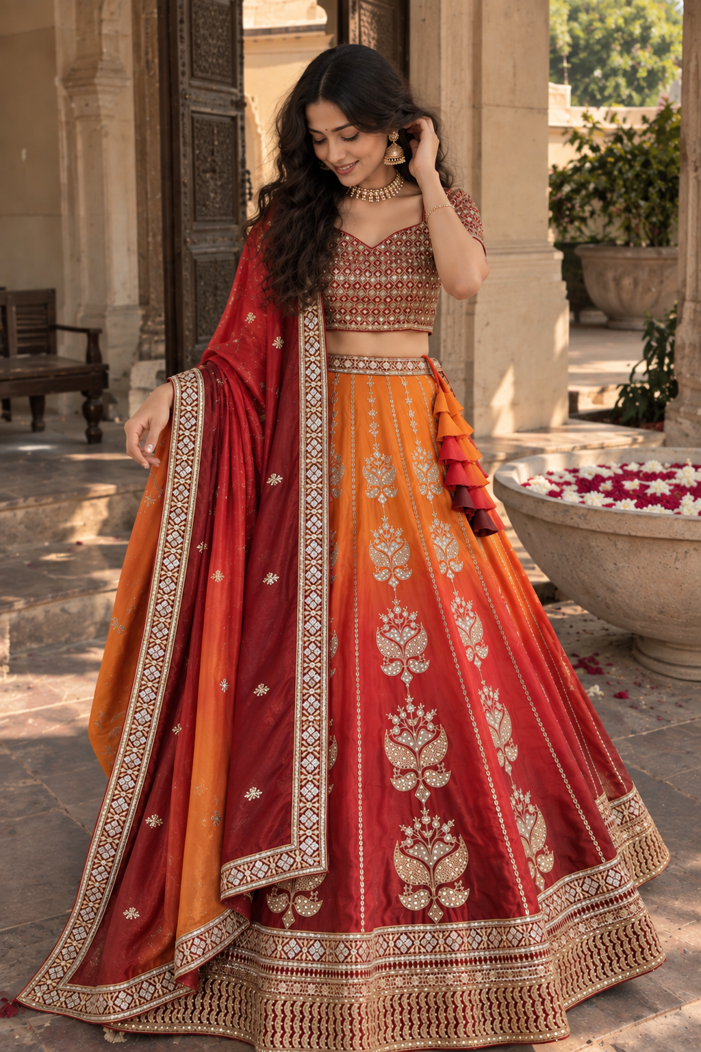 Red & Mustard Chinon Silk Sequin Lehenga Choli