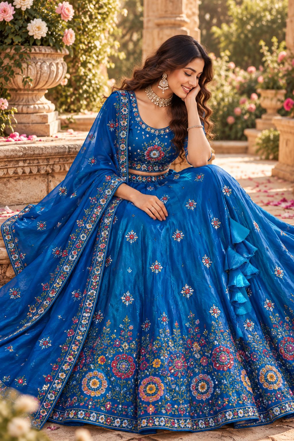 Regal Royal Blue Lehenga with Multicolor Floral Embroidery