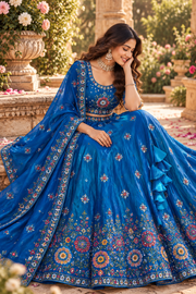 Regal Royal Blue Lehenga with Multicolor Floral Embroidery