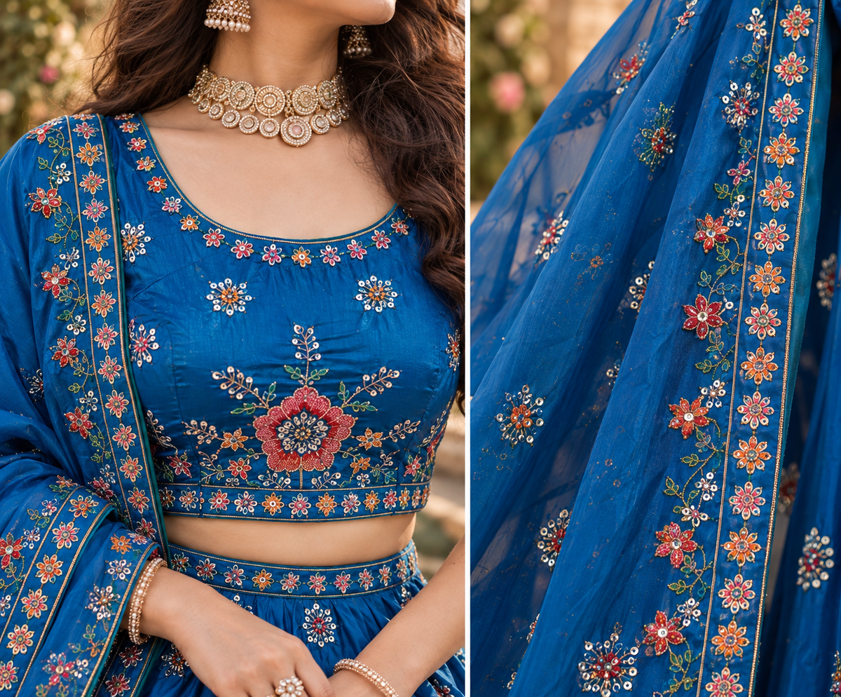 Regal Royal Blue Lehenga with Multicolor Floral Embroidery