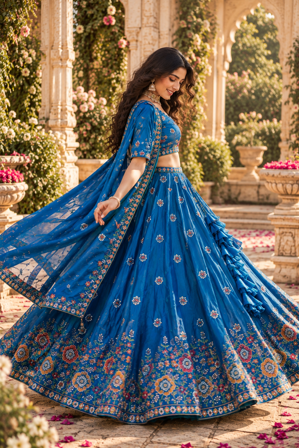Regal Royal Blue Lehenga with Multicolor Floral Embroidery
