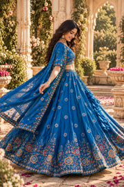 Regal Royal Blue Lehenga with Multicolor Floral Embroidery