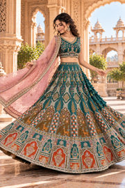 Regal Teal & Peach Embroidered Lehenga Set