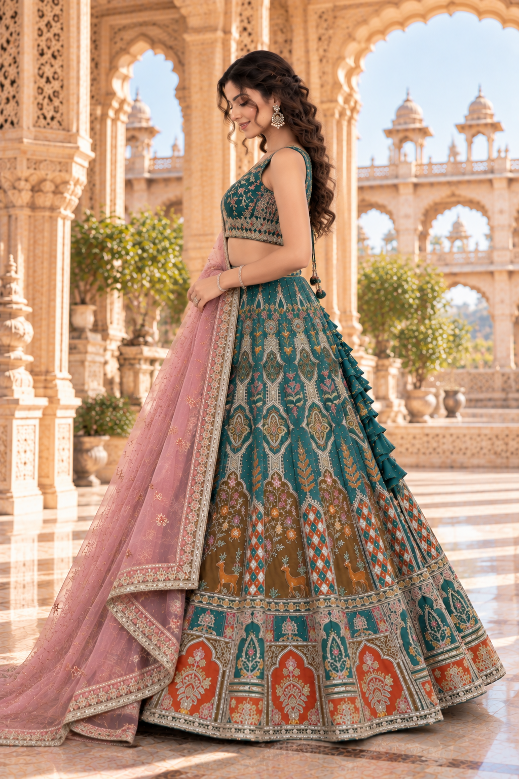 Regal Teal & Peach Embroidered Lehenga Set