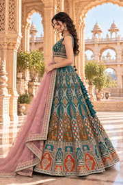 Regal Teal & Peach Embroidered Lehenga Set