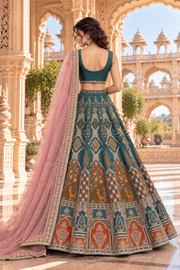 Regal Teal & Peach Embroidered Lehenga Set