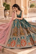 Regal Teal & Peach Embroidered Lehenga Set