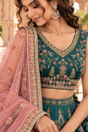 Regal Teal & Peach Embroidered Lehenga Set
