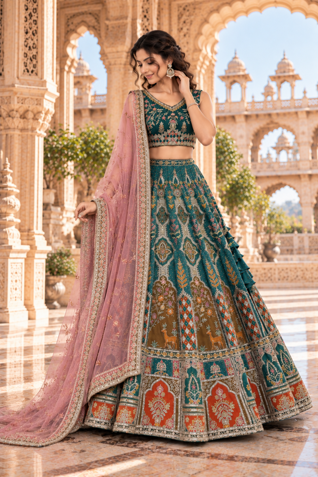 Regal Teal & Peach Embroidered Lehenga Set