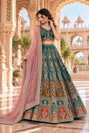 Regal Teal & Peach Embroidered Lehenga Set