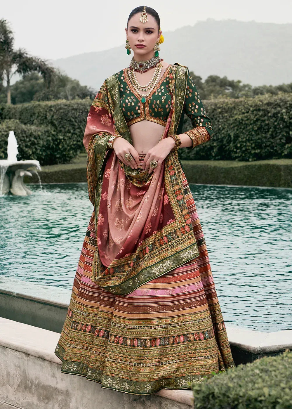 Rose Gold & Sage Green Banarasi Silk Zari Lehenga Choli