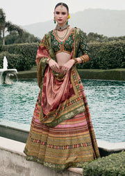 Rose Gold & Sage Green Banarasi Silk Zari Lehenga Choli