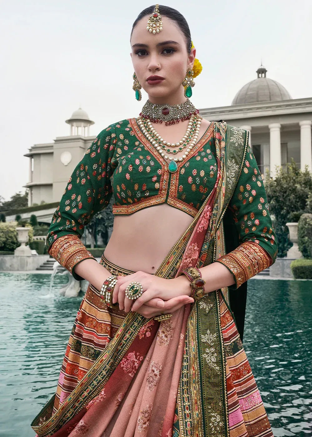 Rose Gold & Sage Green Banarasi Silk Zari Lehenga Choli