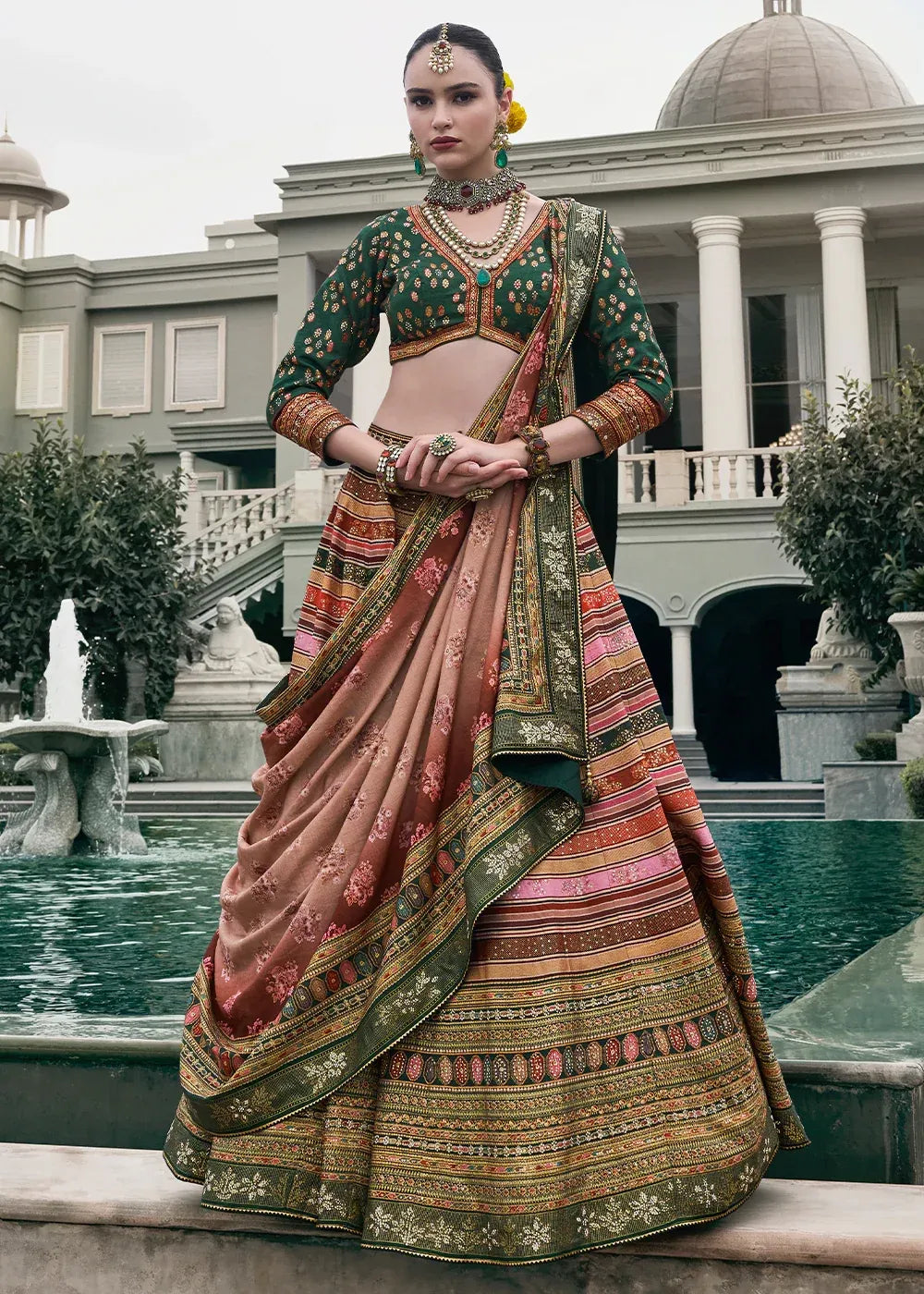 Rose Gold & Sage Green Banarasi Silk Zari Lehenga Choli