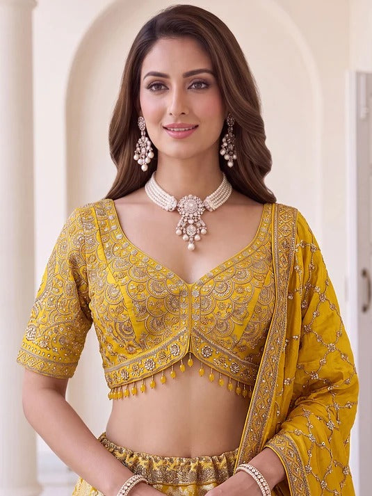 Royal Yellow Banarasi Silk Zari Figure Weaving Lehenga Choli