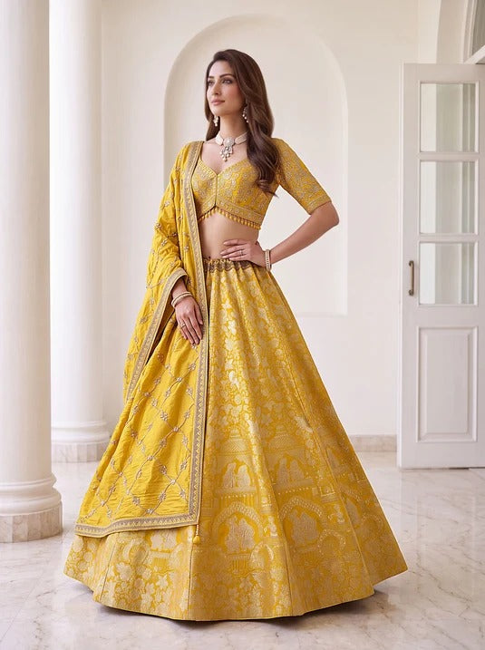 Royal Yellow Banarasi Silk Zari Figure Weaving Lehenga Choli