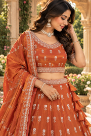 Rust Orange Mirror & Thread Embroidered Lehenga Set