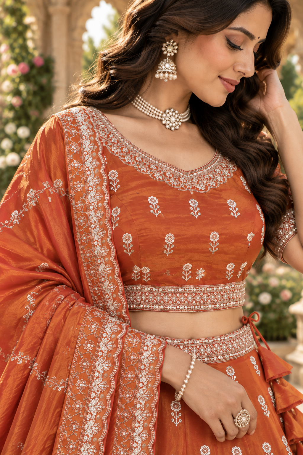 Rust Orange Mirror & Thread Embroidered Lehenga Set
