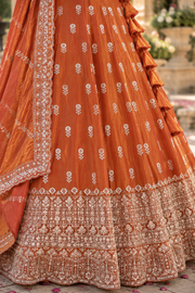 Rust Orange Mirror & Thread Embroidered Lehenga Set