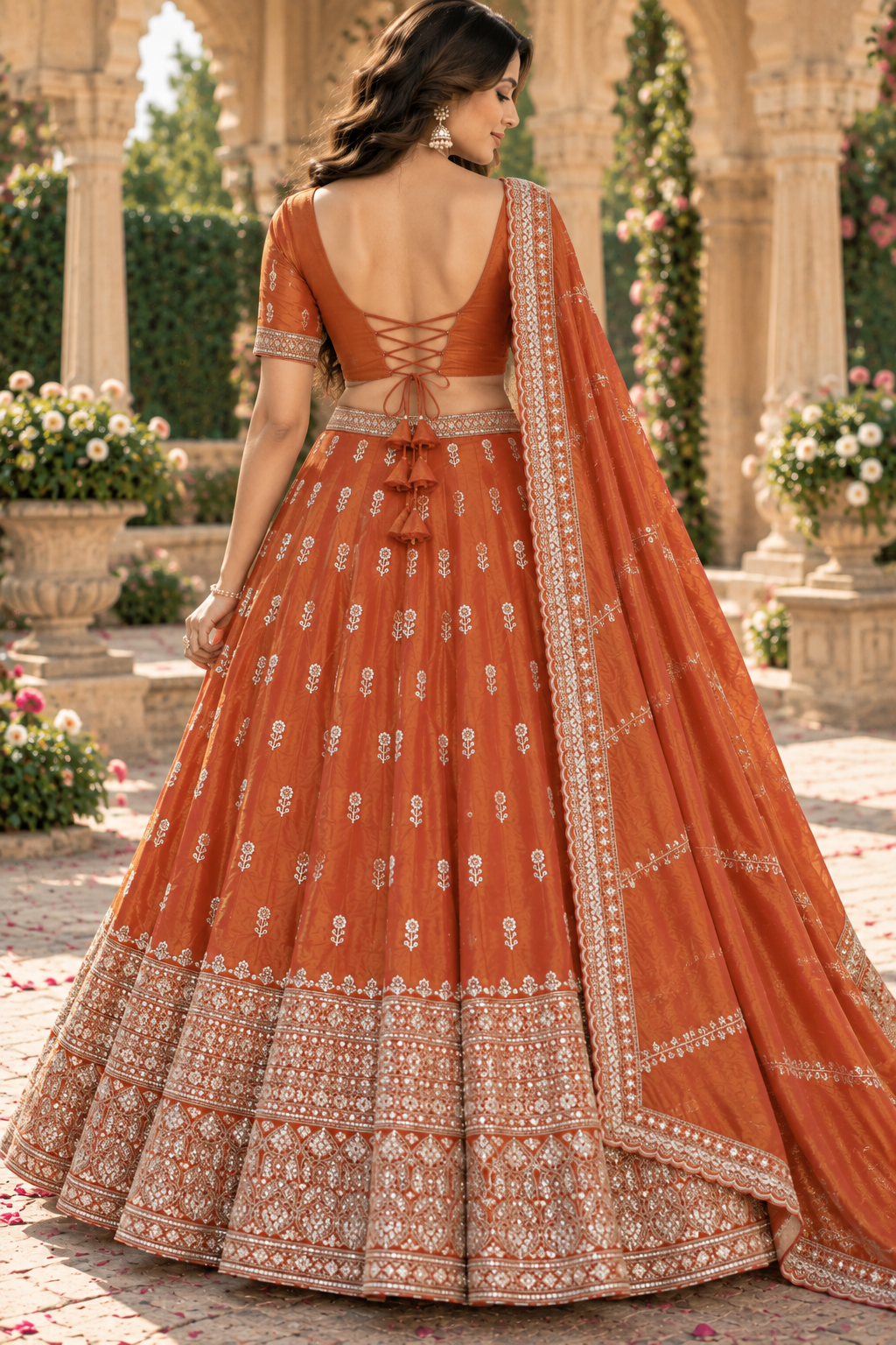 Rust Orange Mirror & Thread Embroidered Lehenga Set