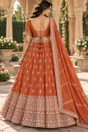 Rust Orange Mirror & Thread Embroidered Lehenga Set