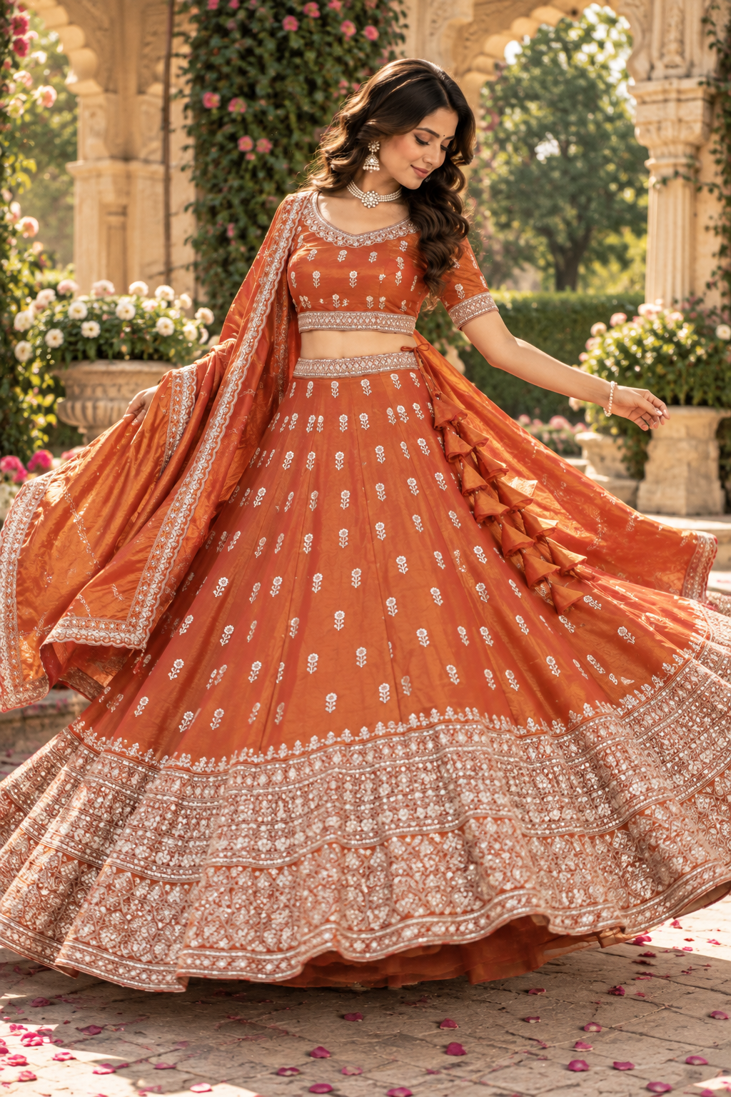 Rust Orange Mirror & Thread Embroidered Lehenga Set