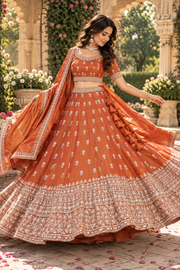 Rust Orange Mirror & Thread Embroidered Lehenga Set