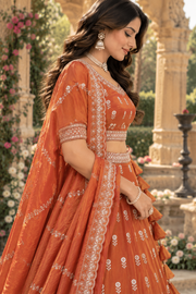 Rust Orange Mirror & Thread Embroidered Lehenga Set