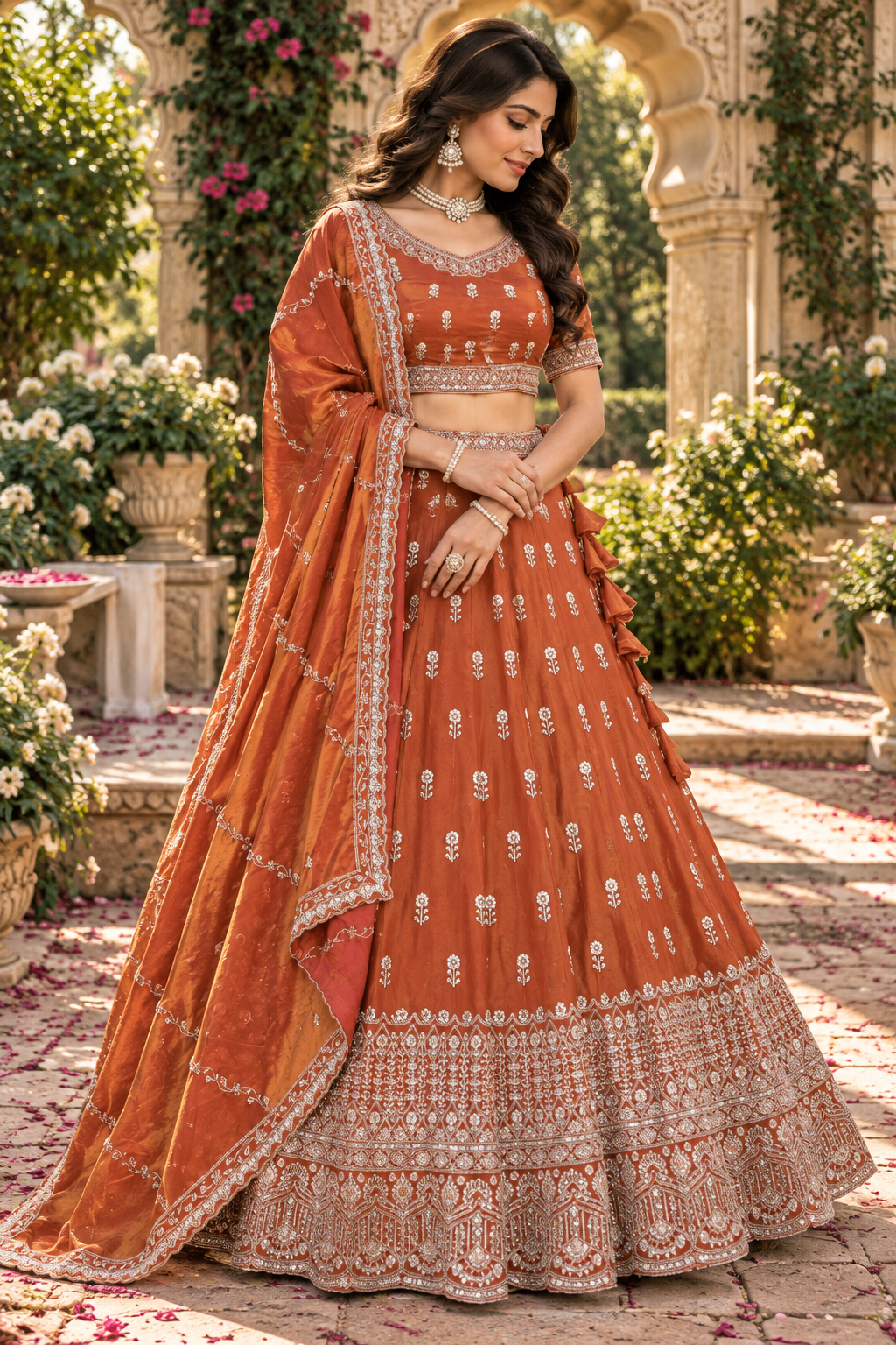 Rust Orange Mirror & Thread Embroidered Lehenga Set