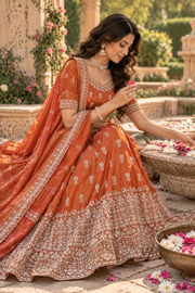 Rust Orange Mirror & Thread Embroidered Lehenga Set