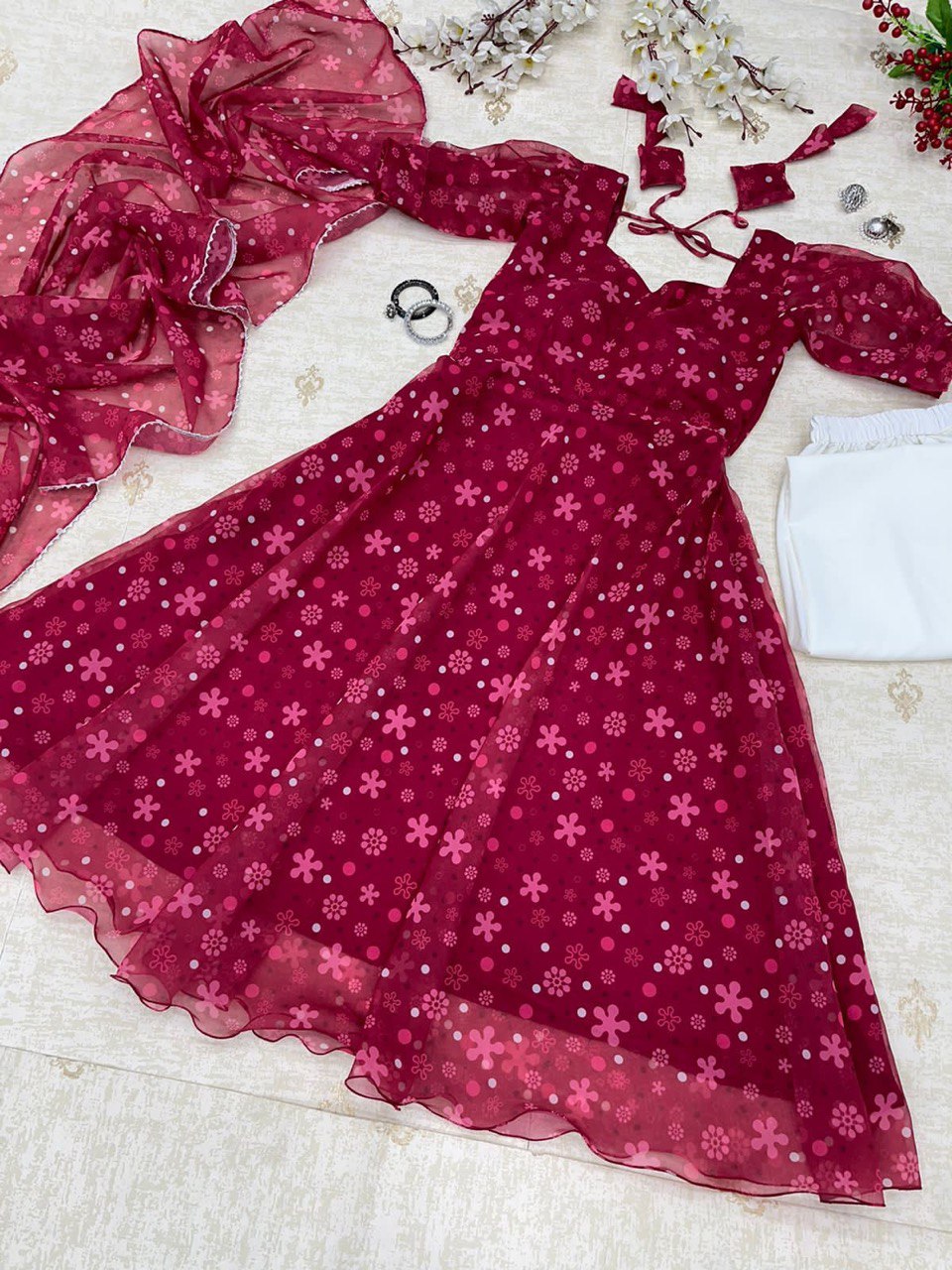Rani Pink Colored Floral Digital Printed Georgette Silk Suit - Ethnicwish