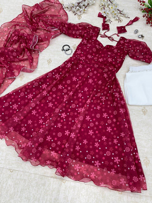 Rani Pink Colored Floral Digital Printed Georgette Silk Suit - Ethnicwish