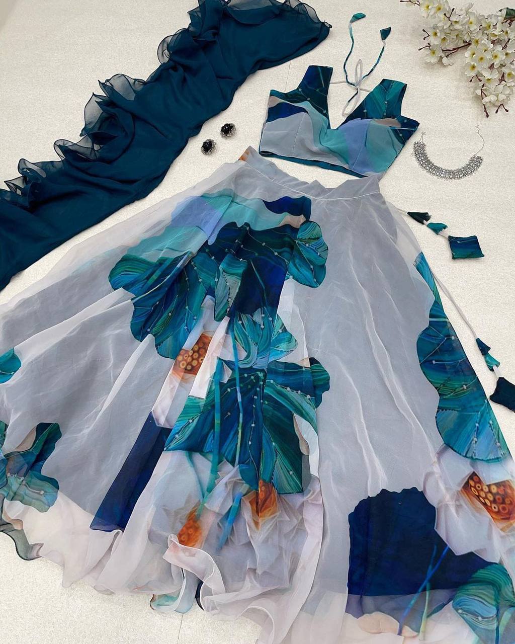 Radiant Gray Pure Georgette Floral Digital Printed Lehenga Choli Set - Ethnicwish