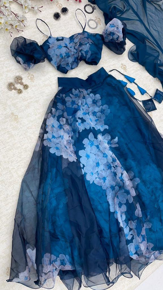 Radiant Navy Blue Organza Silk Floral Digital Printed Lehenga Choli - Ethnicwish