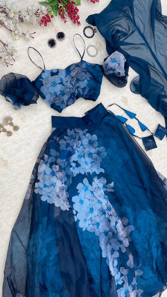 Radiant Navy Blue Organza Silk Floral Digital Printed Lehenga Choli - Ethnicwish