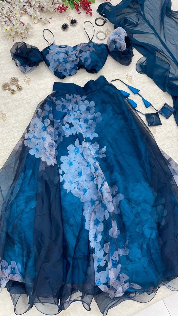 Radiant Navy Blue Organza Silk Floral Digital Printed Lehenga Choli - Ethnicwish