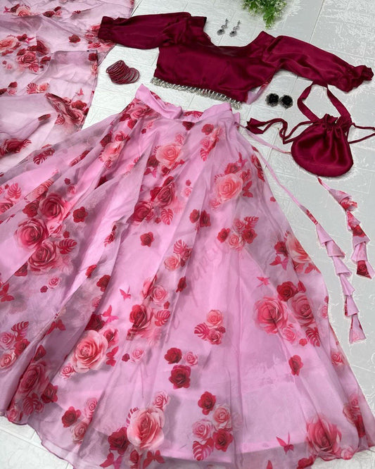 Lovely Pink Organza Silk Floral Digital Printed Lehenga Choli - Ethnicwish