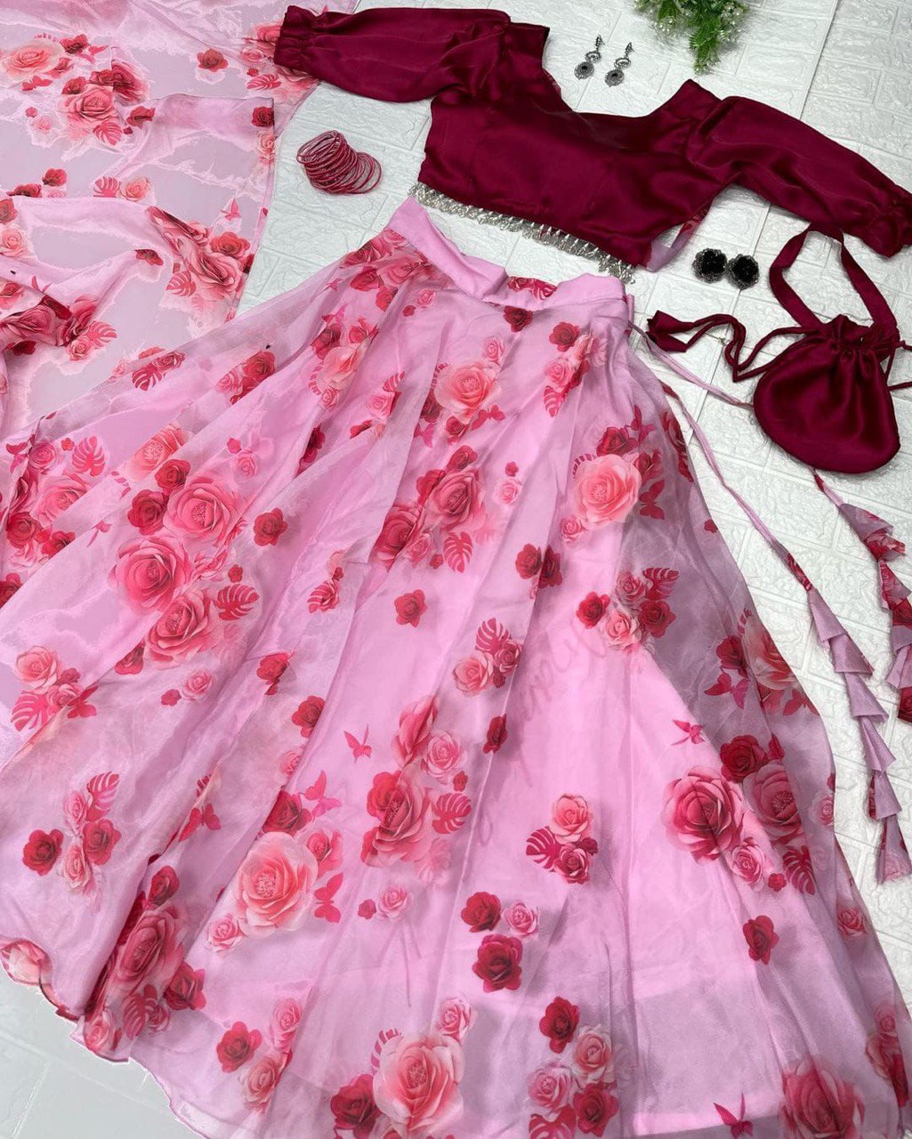 Lovely Pink Organza Silk Floral Digital Printed Lehenga Choli - Ethnicwish