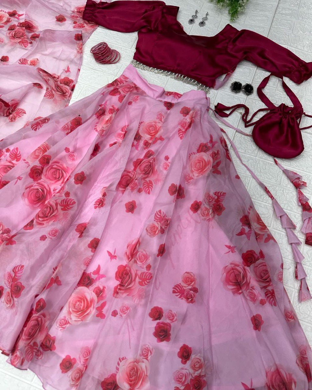 Lovely Pink Organza Silk Floral Digital Printed Lehenga Choli - Ethnicwish